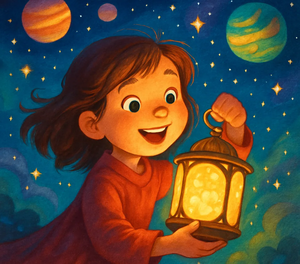 Dziewczynka Ania trzyma lampion snów, a w tle migoczące gwiazdy i kolorowe planety.