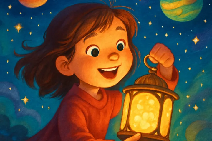 Dziewczynka Ania trzyma lampion snów, a w tle migoczące gwiazdy i kolorowe planety.