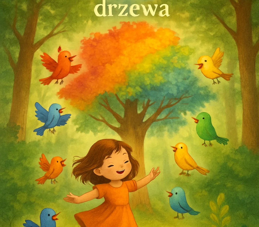 Dziewczynka Ania tańczy w lesie wokół Tęczowego Drzewa, otoczona przez kolorowe ptaki, które śpiewają radośnie.